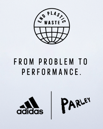 adidas sustainability messaging with End Plastic Waste logo, adidas logo and Parley logo