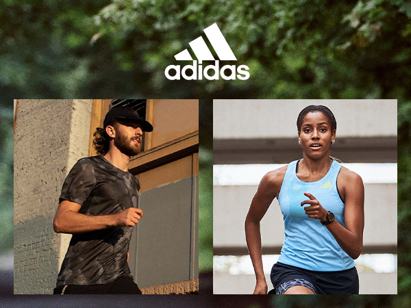 Image collage with adidas logo centralized next to images of male and female models running