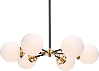 JONATHAN Y JYL9059B Caleb 6-Light 28" Cluster Pendant, Contemporary, Transitional, Dimmable, Adjustable, for Kitchen, Living Room, Brass Gold/Frosted