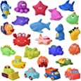 FUN LITTLE TOYS 24 PCs Bath Toys for Toddlers, Sea Animals Squirter Toys Kids, Car Squirter Toys Boys, Bath Toy Organizer Included Kids Party Favors, Stocking Stuffer