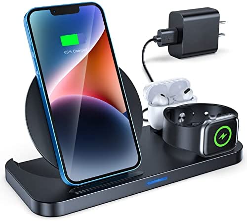 KKM Wireless Charger, 3 in 1 Qi-Certified Fast Wireless Charging Station Compatible with iPhone 14 Pro/14 Pro Max/14/14 Plus/13/12/11/XS, Charging Stand Dock for Apple Watch & AirPods (with Adapter)