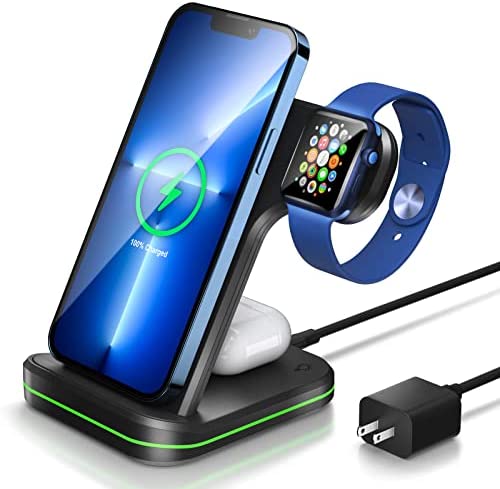 3 in 1 Wireless Charging Station, Sockspree 15W Wireless Charger Station Compatible for Apple iPhone 11 12 13 AirPods Pro Apple Watch Qi-Certified Device, Wireless Fast Charging Stand QC3.0 Adapter