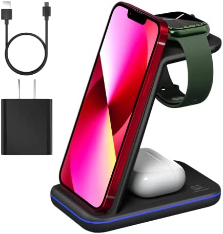 Wireless Charger 3 in 1 for iPhone/iWatch/Airpods Device, Qi Certified Charging Station/Stand Compatible for Apple Watch 8/7/6/SE/5/4/3/2, for iPhone 14,13,12,11 (Pro, Max)/XS/XR/X/8, Airpods 3/Pro/2