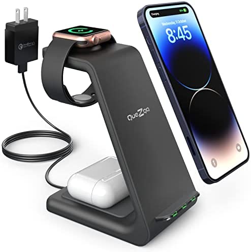 Quezqa Wireless Charging Stand - Fast Wireless Charger - 3 in 1 Charging Station for Apple AirPods Pro 3 2 Apple Watch Ultra 8 7 SE 6 5 4 iPhone 14 Pro Max 14 Plus 13 12 11 Pro Max with QC3.0 Adapter