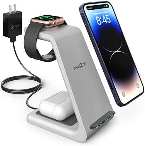 Quezqa Wireless Charging Stand - Fast Wireless Charger - 3 in 1 Charging Station for Apple AirPods Pro 3 2 Apple Watch Ultra 8 7 SE 6 5 4 iPhone 14 Pro Max 14 Plus 13 12 11 Pro Max with QC3.0 Adapter