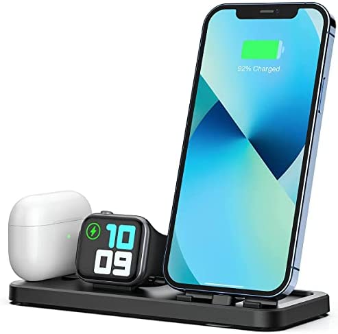 LERCIOR Portable 3 in 1 Charging Station for Apple Devices Foldable Charger Station for Apple Watch 7/6/SE/5/4/3/2/1 Charger Stand, Charging Station for iPhone AirPods Pro3/2/1 Charging Stand Black