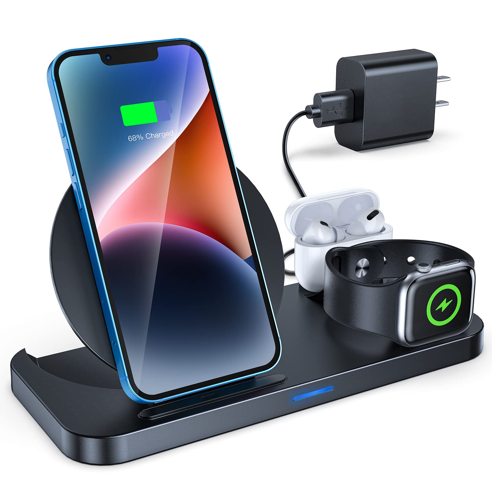 KKM Wireless Charger, 3 in 1 Qi-Certified Fast Wireless Charging Station Compatible with iPhone 14 Pro/14 Pro Max/14/14 Plus/13/12/11/XS, Charging Stand Dock for Apple Watch & AirPods (with Adapter)