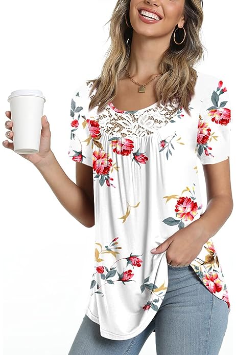 Women's 2023 Spring-Summer Casual Short Sleeve Tunic Tops Ruffle Button Loose Blouse T-Shirts