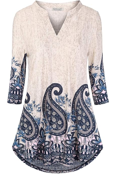 Womens 3/4 Sleeve Floral Printed Notch V Neck Blouses Tunics Tops