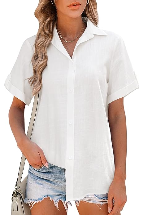 Linen Button Down Shirt Women Roll-Up Cuffed Short Sleeve Blouses V Neck Collared Shirts Summer Beach Cotton Tops