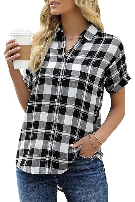 Women's Plaid Short Sleeve Button Down Shirt Casual Summer Blouses Tops