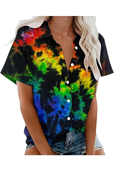 Womens Tie Dye Shirts 2023，Versatile Fashion Shirt Casual Short Sleeve T-Shirt Button Polo New Temperation Shirts