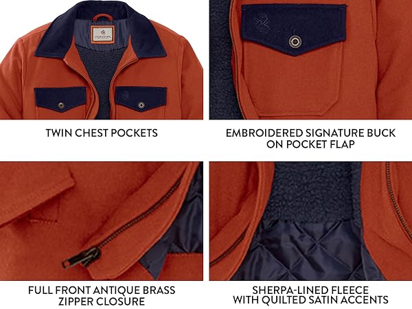 twin chest pockets, sherpa lined fleece with quilted satin accents, brass zipper closure, men, warm