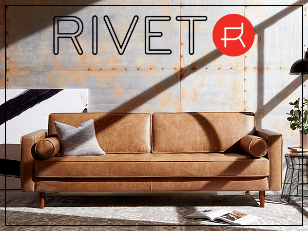 Rivet, small space, studio, apartment, sofa, upholstery, mid-century, comfortable, chair, ottoman
