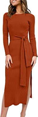 ANRABESS Women's 2023 Elegant Sweater Dress Long Sleeve Crewneck Tie Waist Slim Fit Knit Slit Midi Dress
