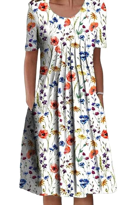 Women's Floral Plant Printed Crewneck Short Sleeve Dress with Pockets Casual Loose Guest Dresses for Women