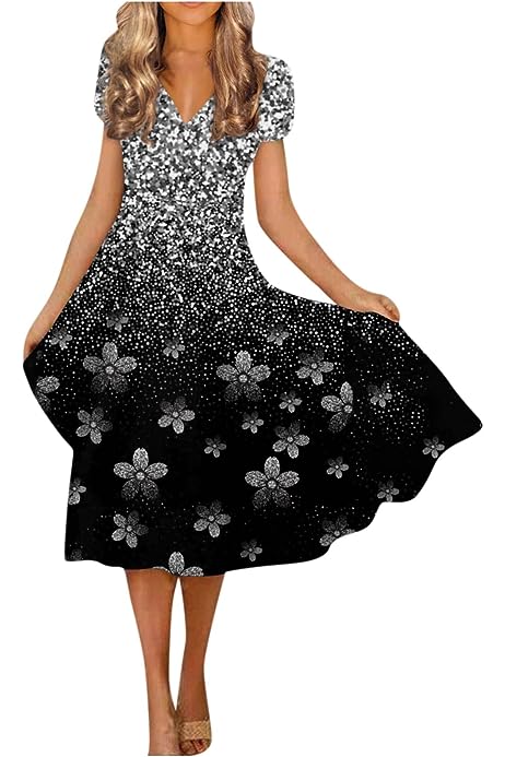 Women's Spring Dresses 2023 Summer Casual Fashion Floral Print Short Sleeve V-Neck Swing Dress