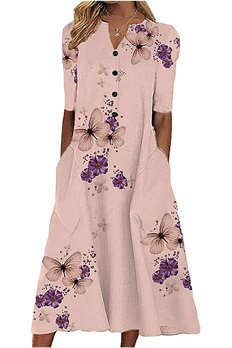 Women's Button Down Butterfly Floral Dresses with Pockets Short Sleeve V Neck Midi Casual Loose Dresses for Women