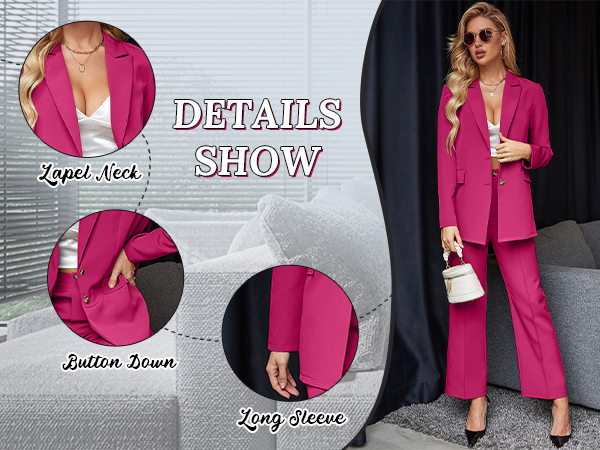 Button Front Long Sleeve Blazer and Pants Solid Business Office Suits Set