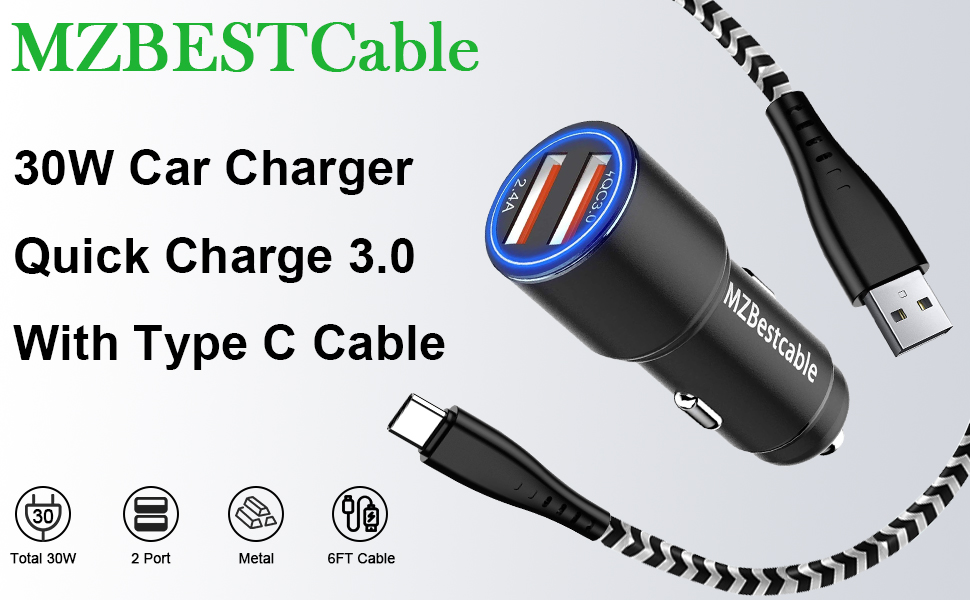 30W Car Charger QC 3.0&2.4A With 6FT USB A to USB C Cable