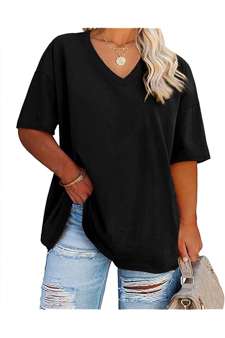 Women's Plus Size V Neck T Shirts Summer Half Sleeve Oversized Tees Casual Loose Fit Tunic Tops