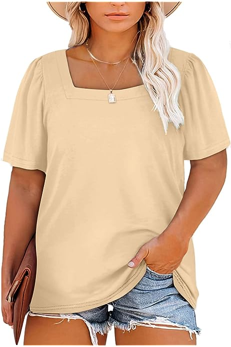 Womens Plus Size Tops Casual Summer Square Neck Puff Sleeve Loose Fit Tee Shirts(1X-5X)