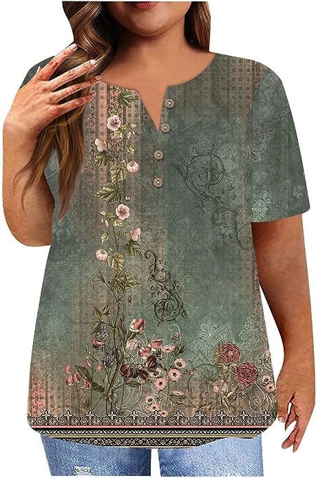 Plus Size Tops for Women Summer Ethnic Floral Classy Oversized T Shirts Short Sleeve Blouses & Button-Down Shirts