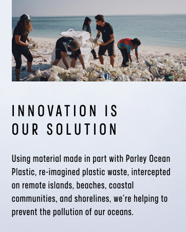 Image of people cleaning plastic off a beach and adidas sustainability messaging