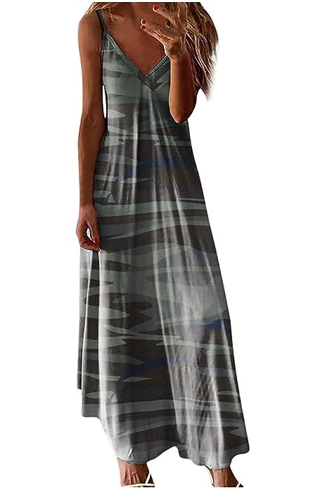 Maxi Dresses Women Spaghetti Strap Casual Long Dress Camo Graphic Boho Dress Sleeveless Hawaiian Beach Dress Vacation