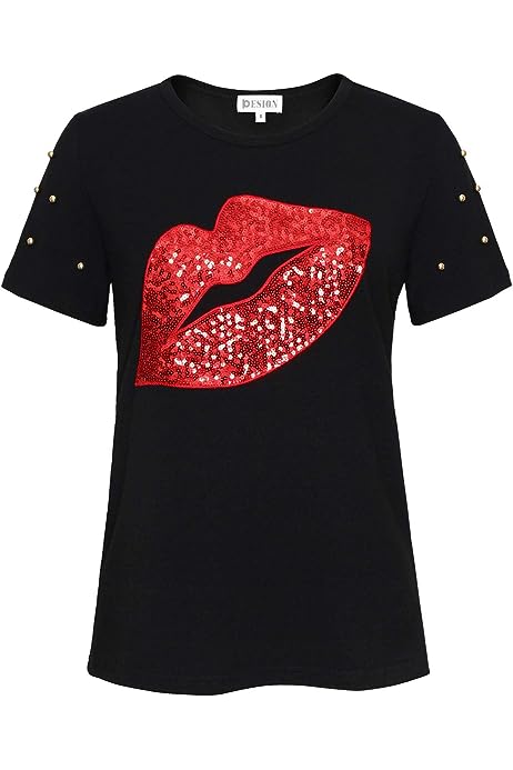 Womens Short Sleeve T-Shirt Sequined Tops O-Neck Funny Graphic Tees Blouse