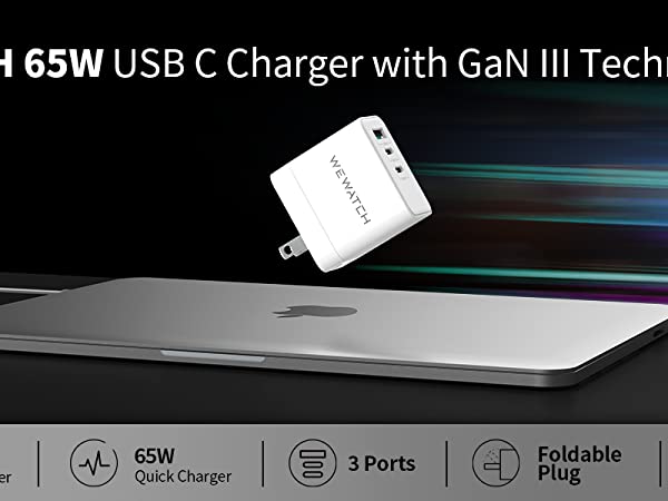 WEWATCH 65W USB C Charger with GaN 3rd Technology Fast Charging Speed