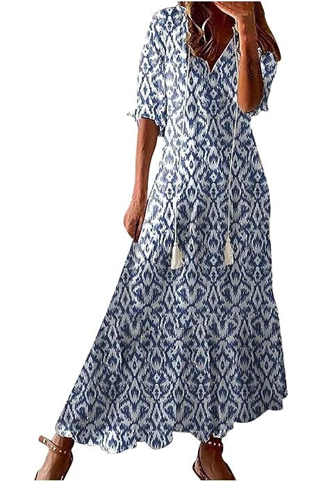 Fashion Dresses for Women 2023 Summer Beach Vacation Sundress Boho Floral 3/4 Sleeve v Neck Ruffle Flowy Maxi Dress