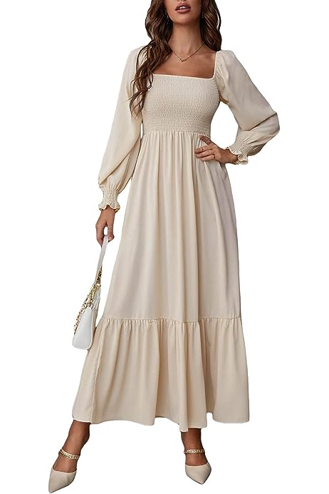 Women's Square Neck Flounce Shirred Ruffle Hem Elegant Long Sleeve Maxi Dress