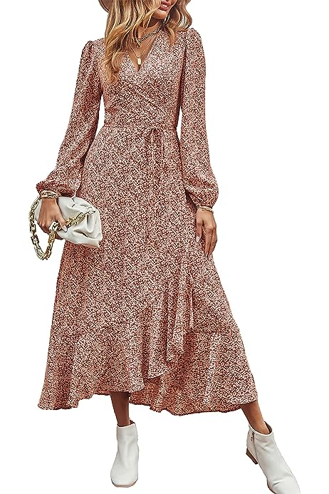 Women’s Long Sleeve Bohemian Dress V-Neck Floral Print High Split Tie Wrap Midi Flowy Dresses