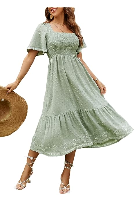 Women's Short Sleeve Smocked Square Neck A Line Summer Flowy Maxi Long Dress