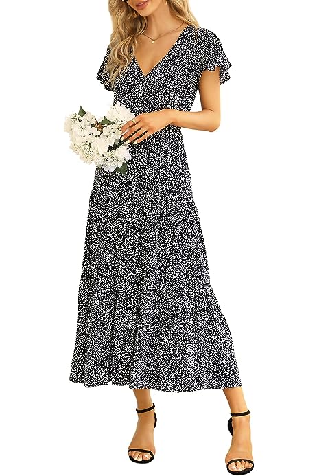 Women's Floral Maxi Dress Summer Flutter Sleeve Boho Ruffle Tiered Dress V Neck A-Line Leopard Print Dress