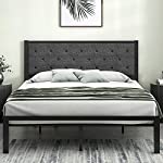 Einfach Queen Size Metal Platform Bed Frame with Fabric Upholstered Button Tufted Headboard, Strong Steel Slats, No Box Spring Needed, Mattress Foundation, Black &amp; Gray