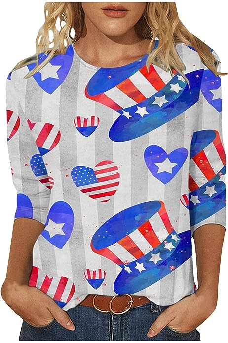 Womens USA Star Stripes 3/4 Sleeve Shirts Tops 4th of July Freedom Patriotic Blouse Tee Casual Trendy Flag Tshirts