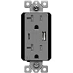 TOPGREENER 5.8A High Speed USB Type-C/A Wall Outlet, 20A TR Grey Receptacle, Compatible with iPhone 12/11/SE/XS/XR/X, Samsung Galaxy S20/S10/S9/S8/Note, LG, HTC &amp; More, UL Listed, TU22058AC-GY, Gray