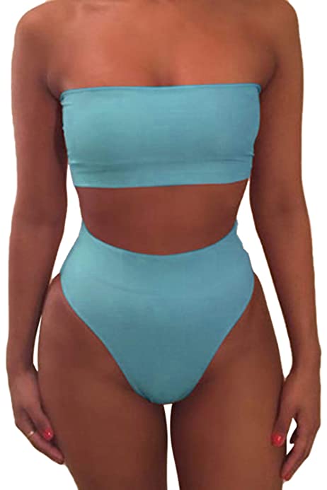 Women's Removable Strap Bandeau Top High Cut Cheeky Bikini Set Swimsuit