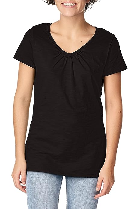 Women's Shirts, Slub Cotton Shirred V-Neck Tee, Cotton T-Shirts for Women, Women’s Tee Shirts