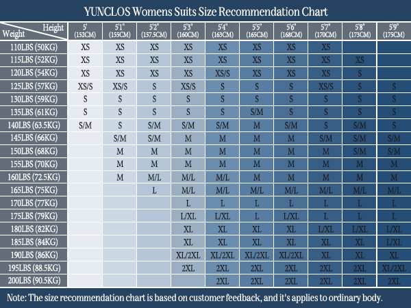 YUNCLOS womens 2 piece suit set slim fit standard blazer jacket trousers size recommendation chart