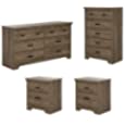 Home Square 4 Piece Double Dresser 5 Drawer Dresser and 2 Nightstands Set in Weathered Oak