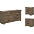 Home Square 3 Piece Dresser and 2 Nightstands Bedroom Set in Weathered Oak &amp; Antique Handles