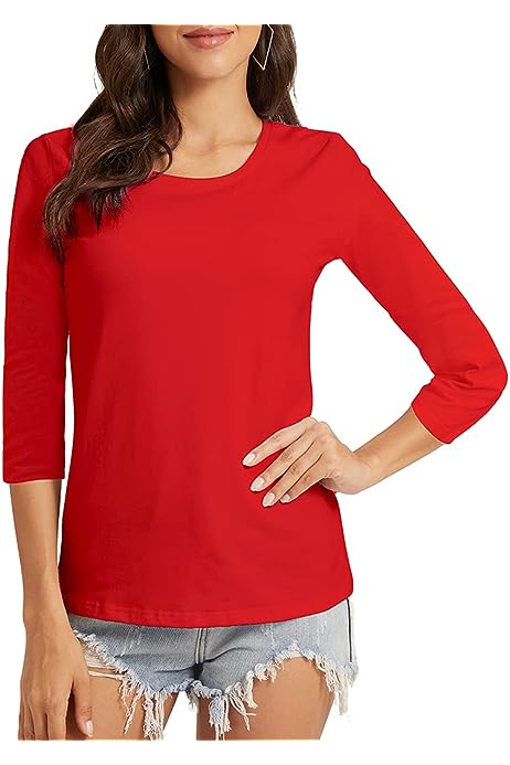 Women's Basic 3/4 Sleeve Crew Neck T-Shirt Casual Solid Slim Cotton Top