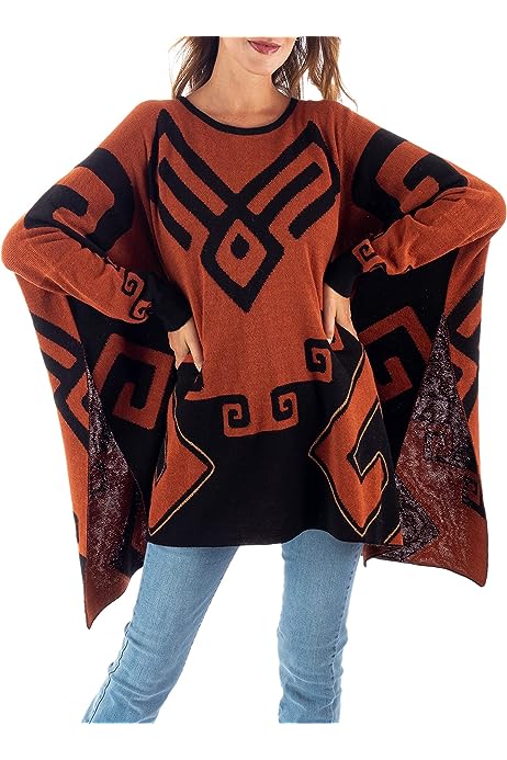 Handmade Alpaca Blend Poncho Black Russet from Peru Wool Clothing Red Patterned 'Inca Contrast'