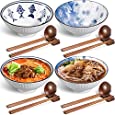 4 Sets Ceramic Japanese Ramen Bowls 40 Ounce Large Ceramic Noodle Serving Bowl with Spoons, Chopsticks and Chopstick Stands for Soup, Cereal, Rice, Udon, Asian Noodles (Flower and Fish Style)