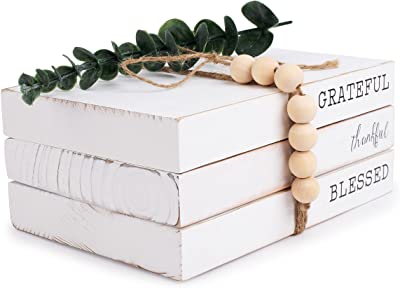 Wooden Books Decor - Set of 3 Books Stack Decor in Farmhouse Books Style. Faux Books with Reversible Message(Farm Sweet Farm/Grateful Thankful Blessed). Stacked Books Decor for Elegance in Every Room