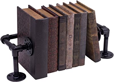 Pipe DÉCOR Black Cast Iron Pipe Bookends, Rustic and Industrial Metal Book Ends for Home or Office Shelves, Unique Decorative Book Holders/Shelf Dividers in a Black Electroplated Finish