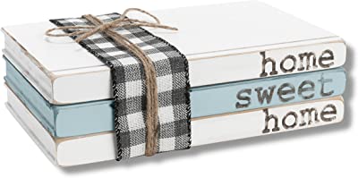 Wooden Rustic Decorative Books Set of 3 | Farmhouse Coffee Table Decor | Faux Fake Books for Living Room Kitchen End Table & Bookshelf Wall Decorations | Home Sweet Home Sign (Blue Heather)
